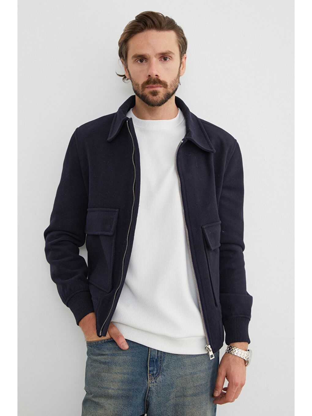 Lacivert Fermuarlı Polo Yaka Cepli Kaşe Ceket-3