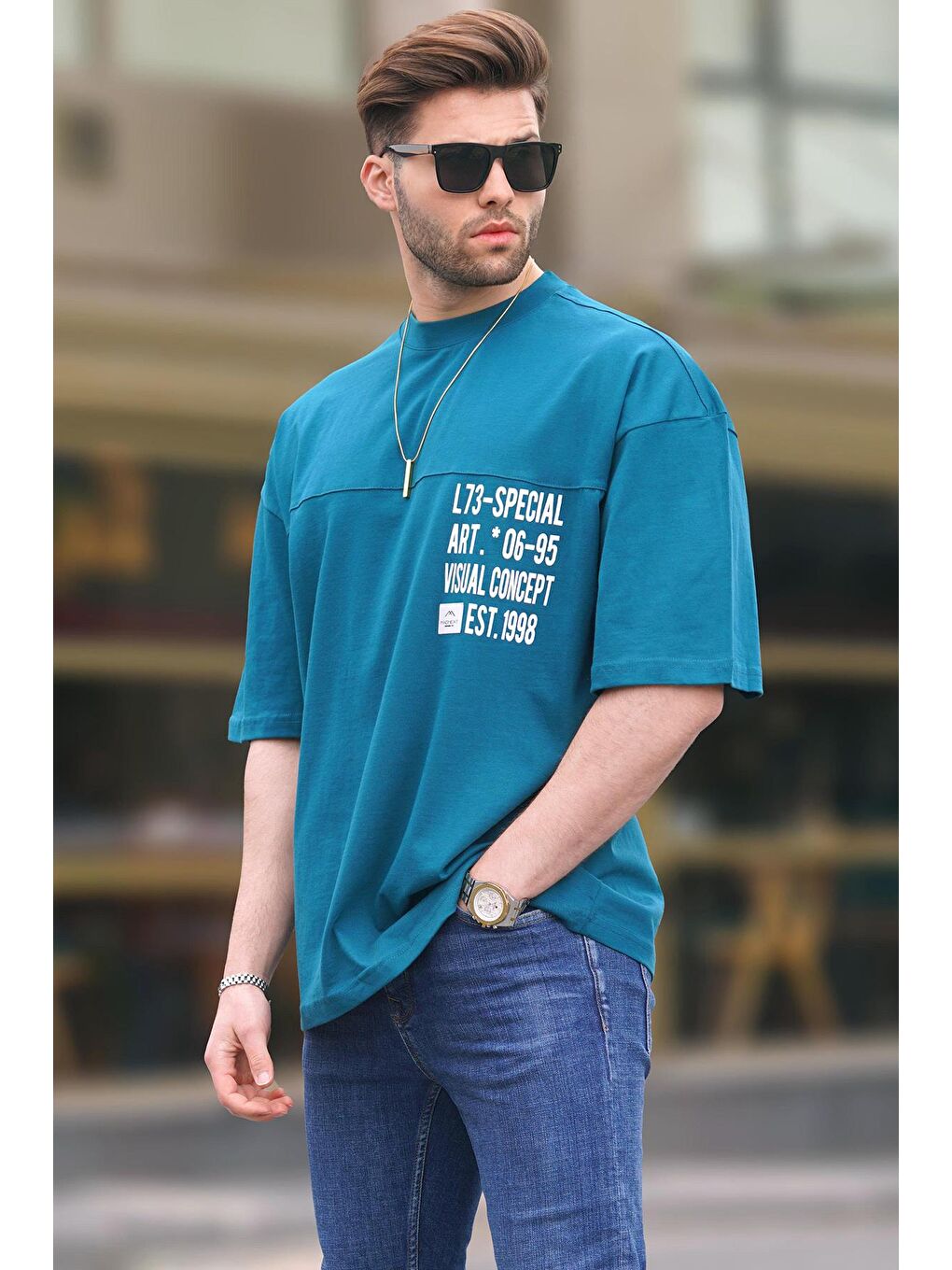 Petrol Mavisi Oversize Baskılı Erkek Tişört 6193