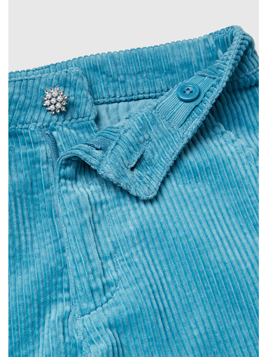 Kız Çocuk Petrol Mavisi Logo İşlemeli Yırtmaçlı Fermuarlı Düğmeli Wide Fit Pantolon-2