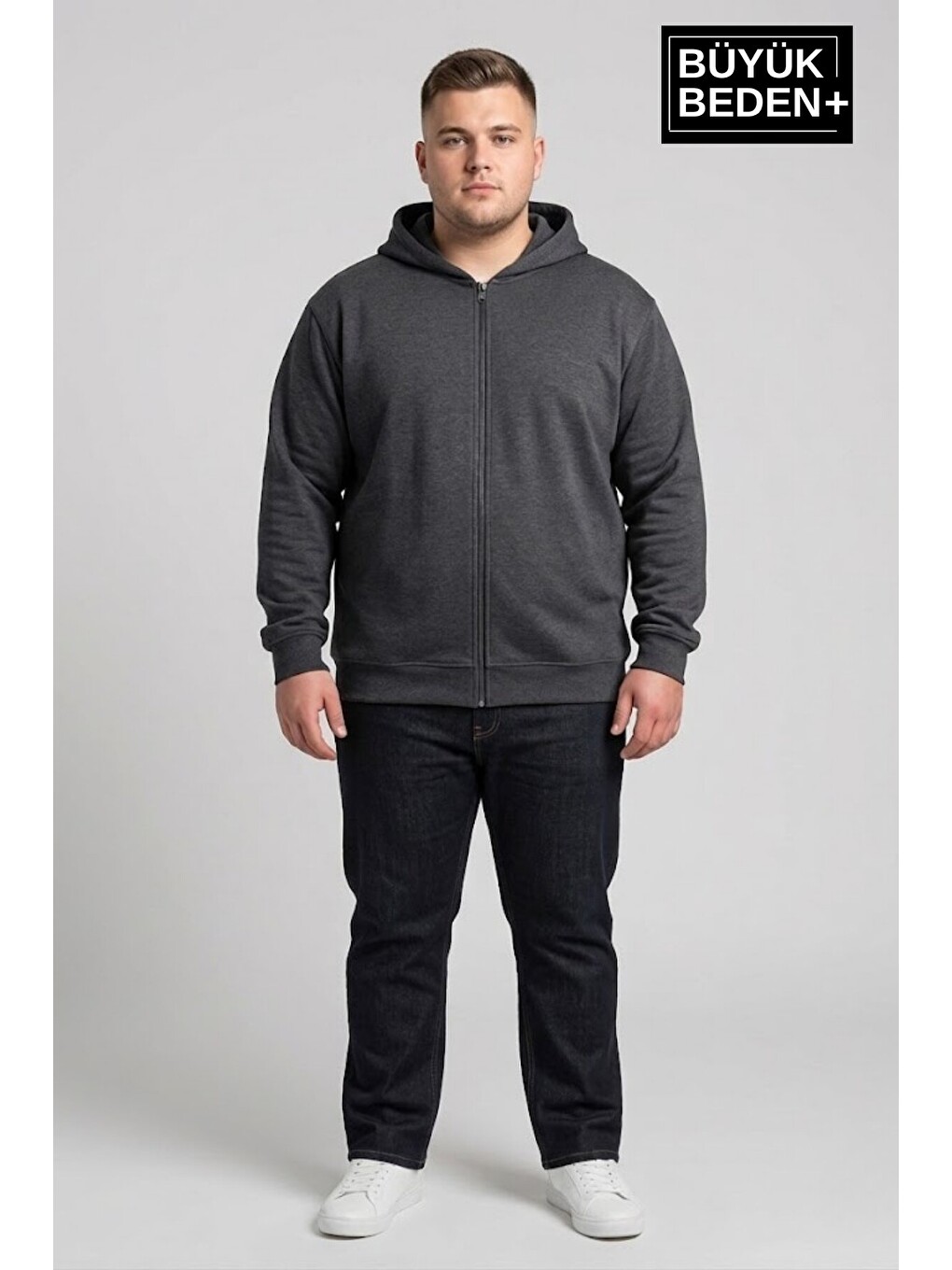 Antrasit Erkek Büyük Beden Fermuarlı Kapüşonlu İnce Sweatshirt Hırka - Rahat Kalıp Spr26bhr960