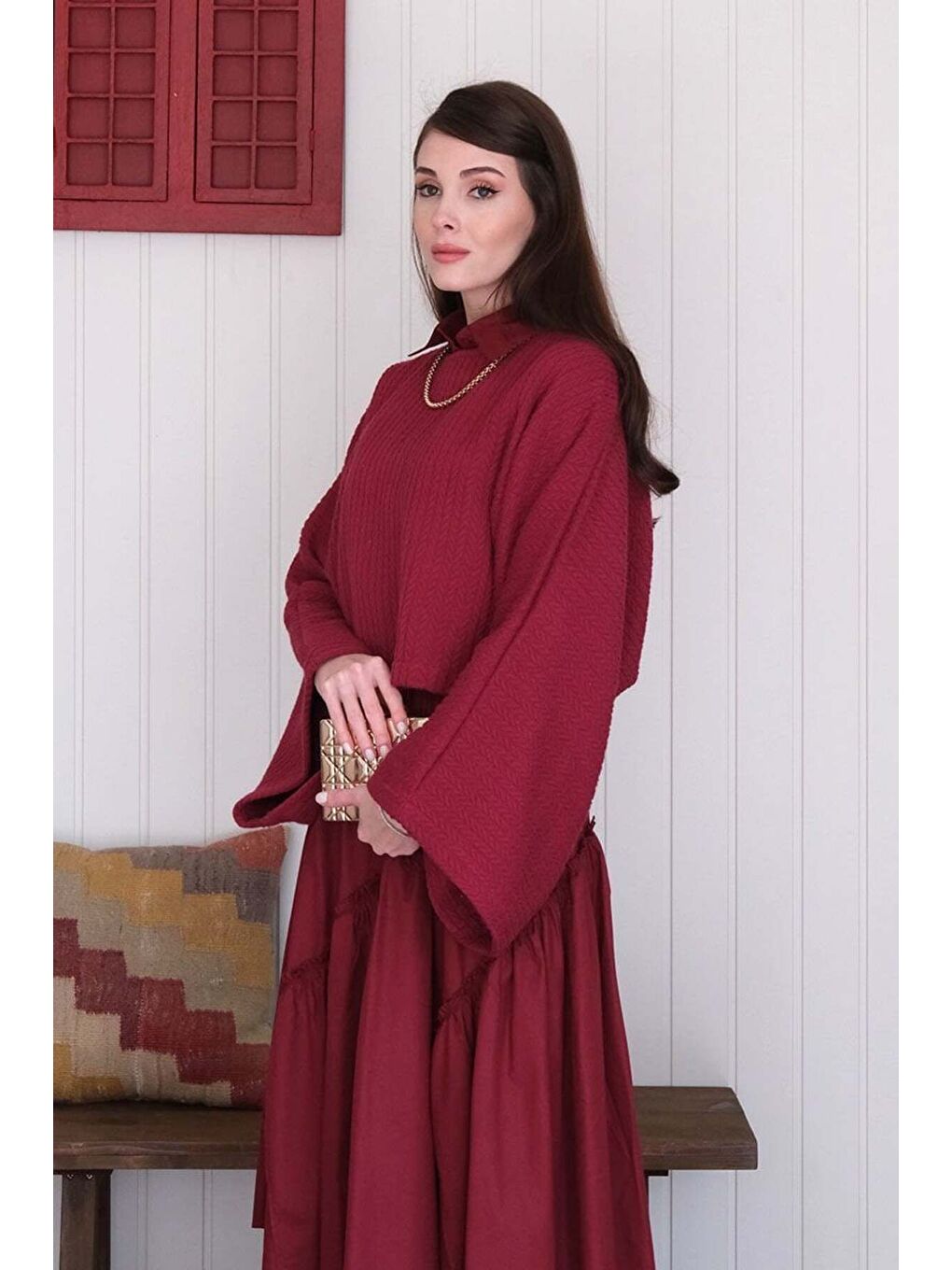 Bordo Yarasa Kol Triko Crop-1