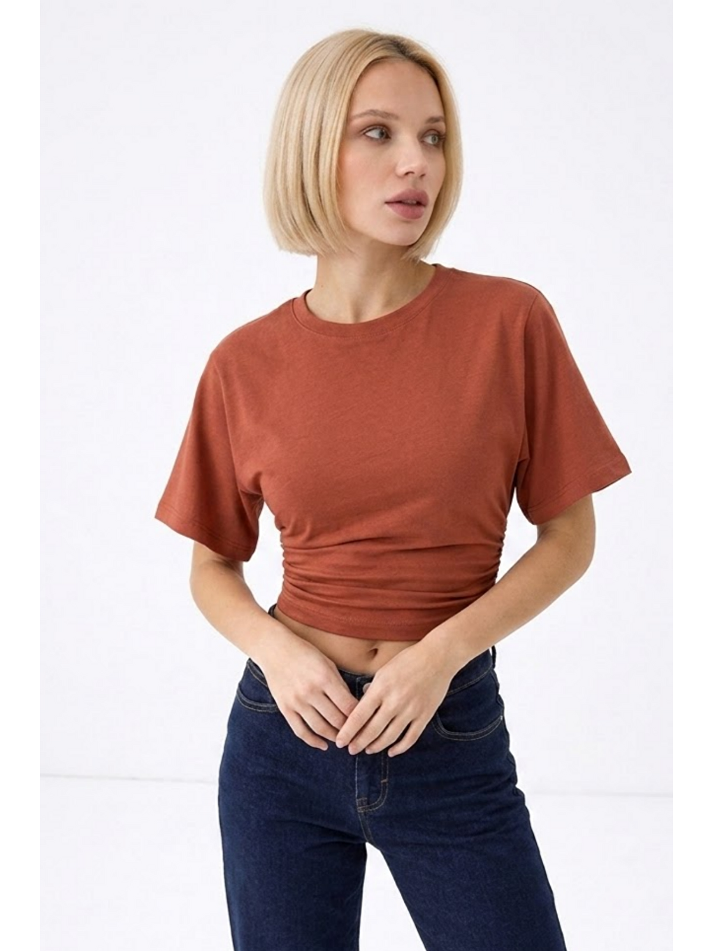 Pembe Kadın Fashion Slim Fit Pudra Crop Tişört-1
