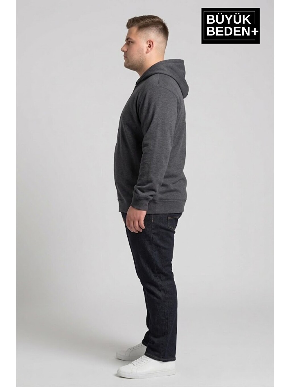 Antrasit Erkek Büyük Beden Fermuarlı Kapüşonlu İnce Sweatshirt Hırka - Rahat Kalıp Spr26bhr960-1