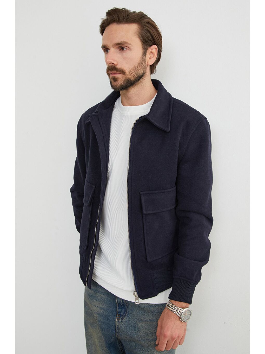 Lacivert Fermuarlı Polo Yaka Cepli Kaşe Ceket-4