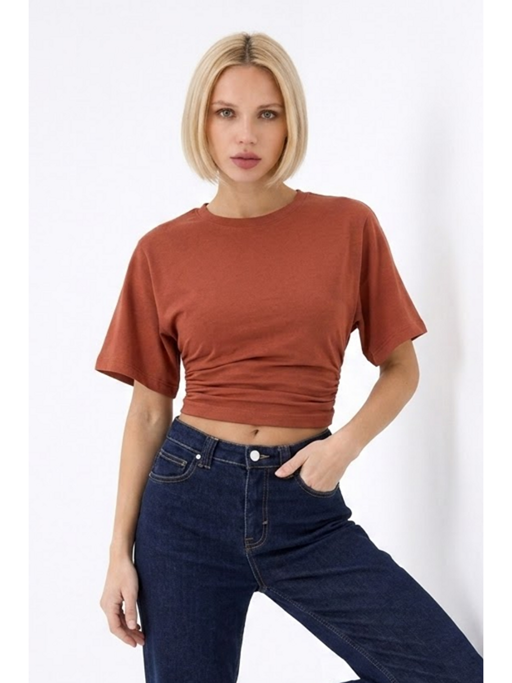 Pembe Kadın Fashion Slim Fit Pudra Crop Tişört-2