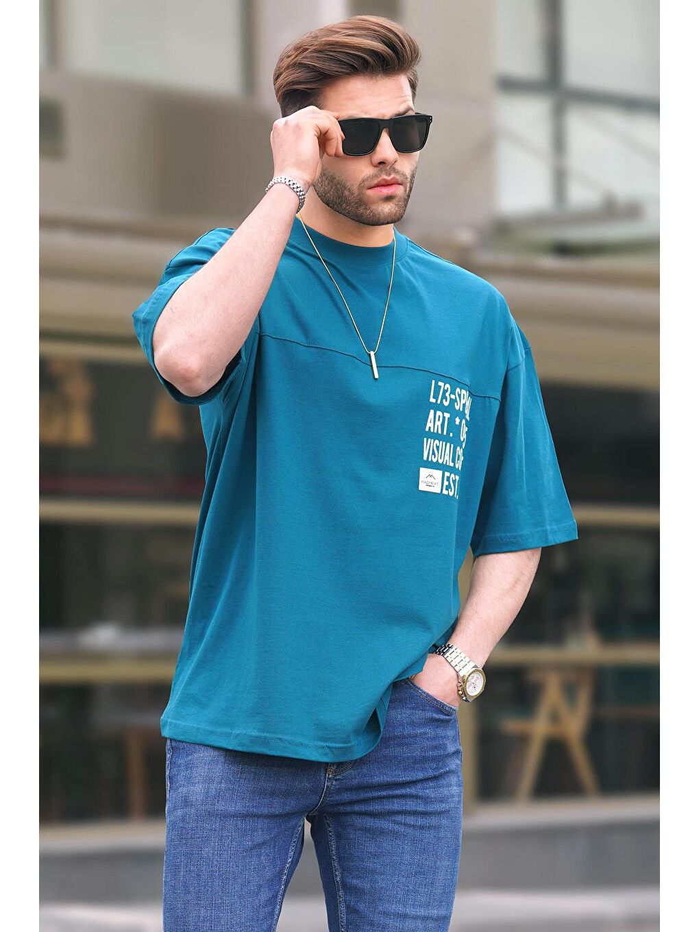 Petrol Mavisi Oversize Baskılı Erkek Tişört 6193-1