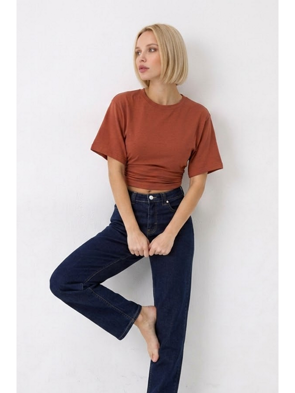 Pembe Kadın Fashion Slim Fit Pudra Crop Tişört-3