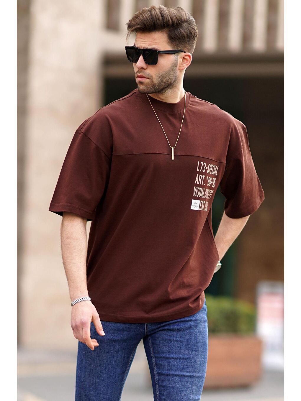 Kahverengi Oversize Baskılı Erkek %100 Pamuk Tişört 6193-1