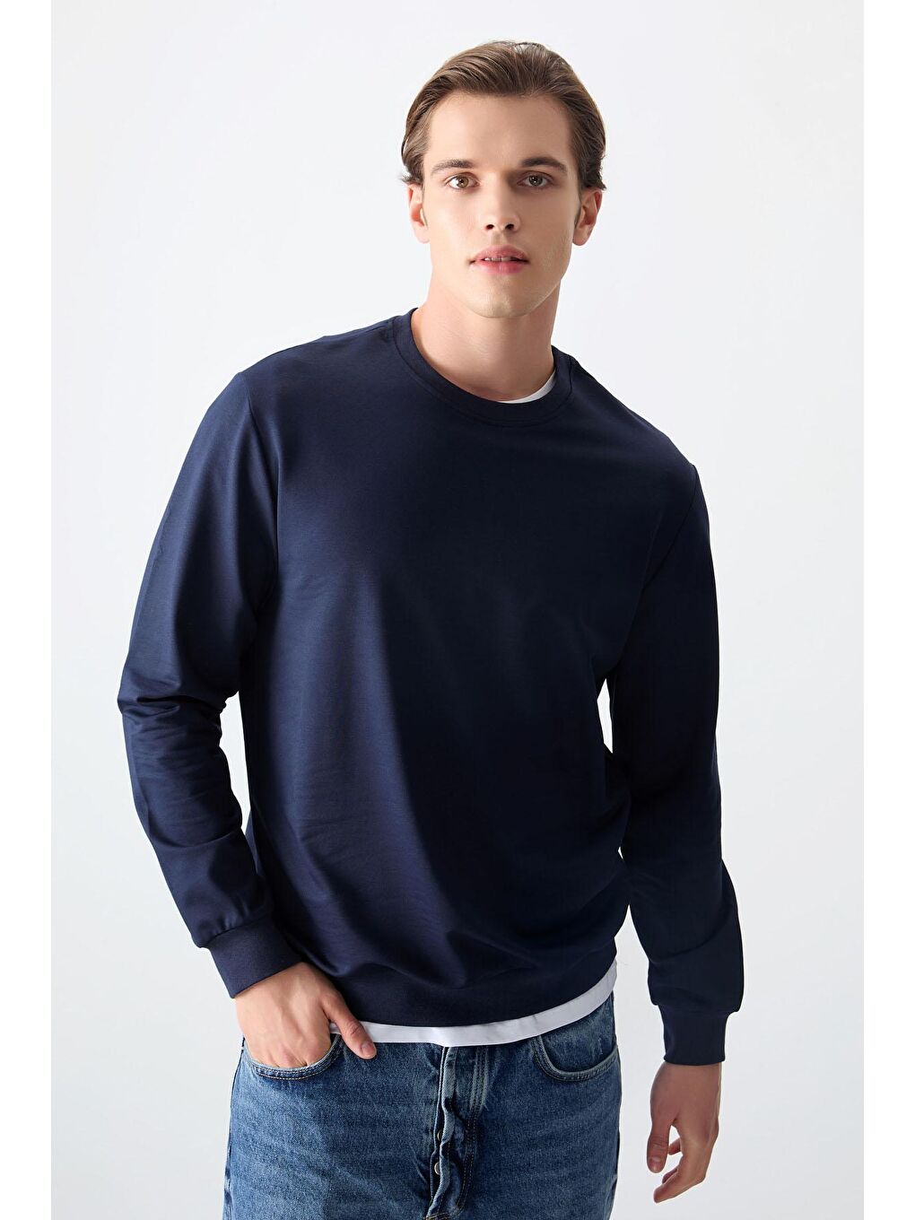 AIR JONES İndigo Pamuk Dokulu Standart Fit Basic Erkek Sweatshirt - 88363