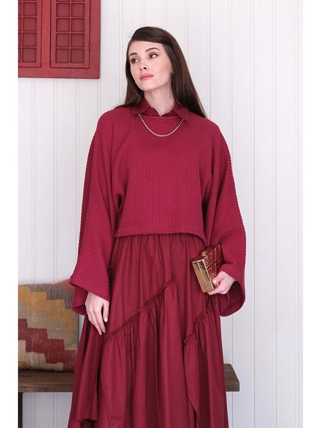 Bordo Yarasa Kol Triko Crop-2