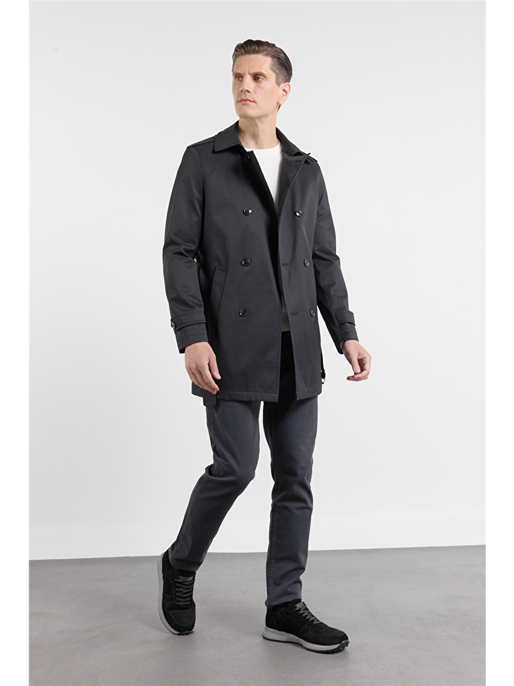 Siyah Mono Yaka Düz Classic Comfort Fit Pardesü 1006260150-1