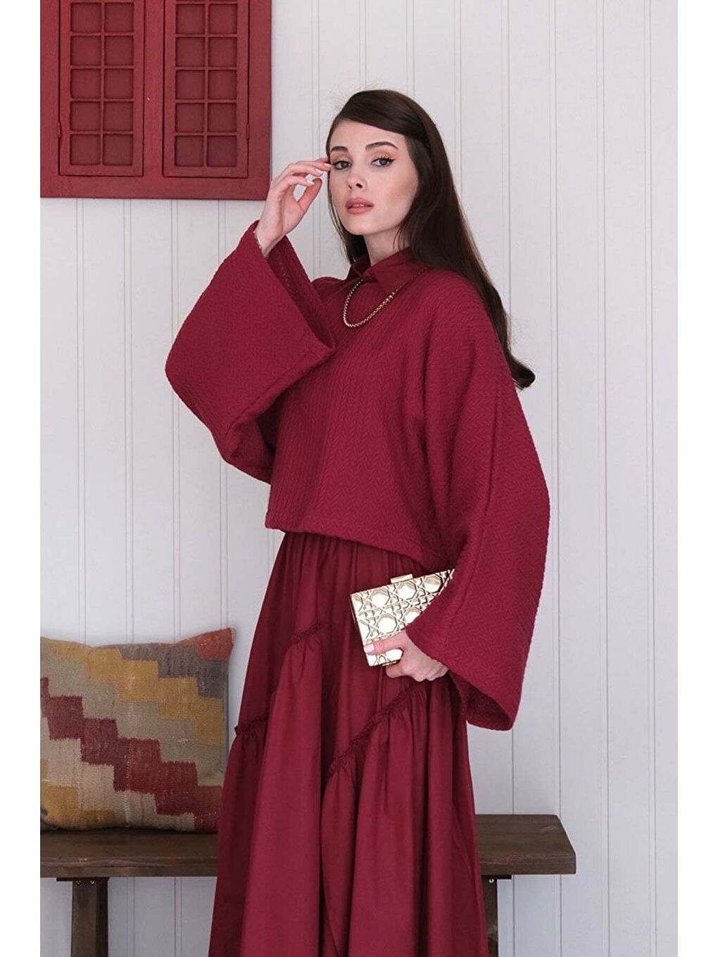 Bordo Yarasa Kol Triko Crop-3