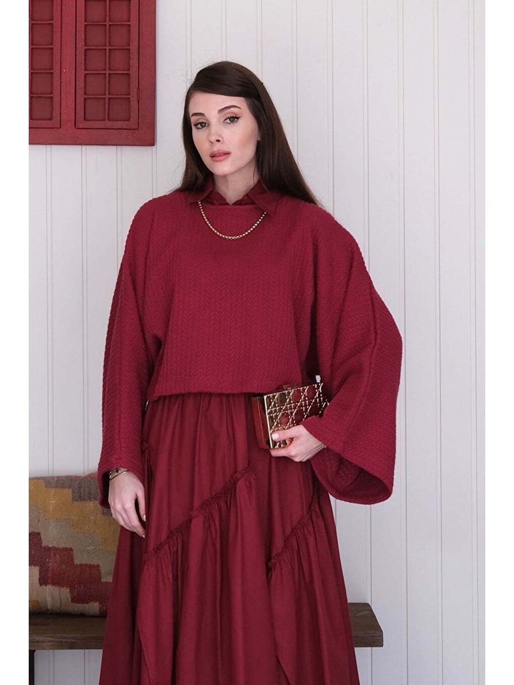 Bordo Yarasa Kol Triko Crop-4