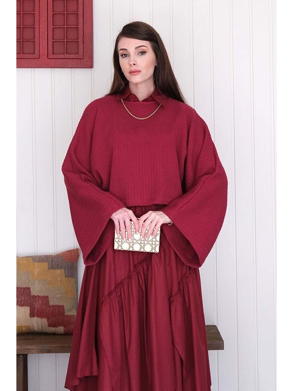 Bordo Yarasa Kol Triko Crop-5