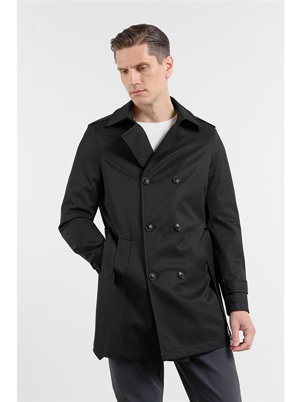 Siyah Mono Yaka Düz Classic Comfort Fit Pardesü 1006260150-2