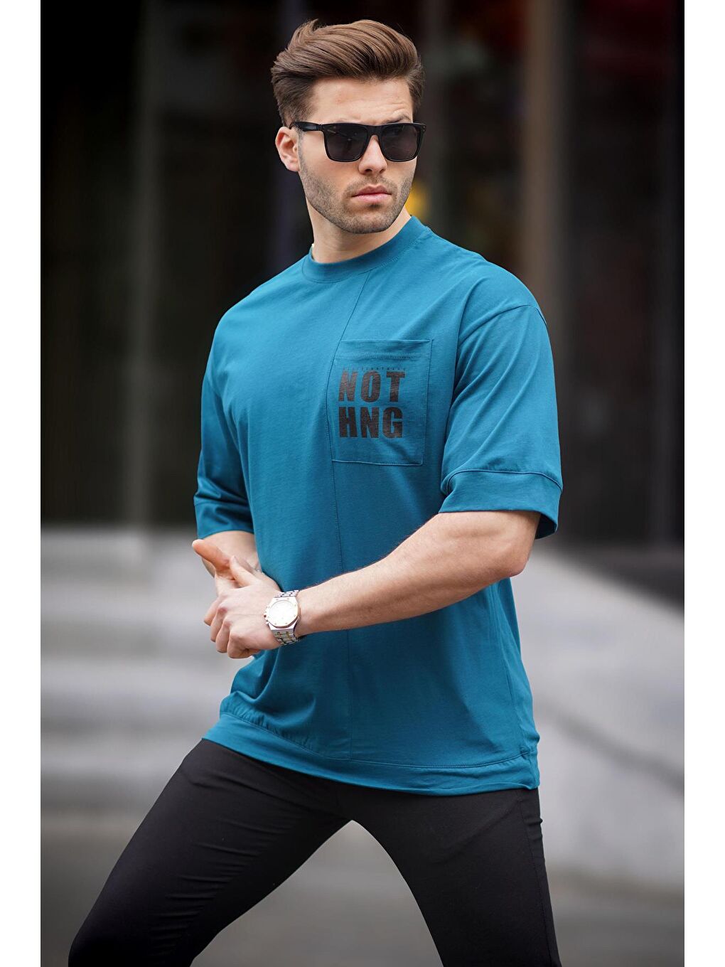 Petrol Mavisi Cep Detaylı Oversize %100 Pamuk Tişört 7008-1