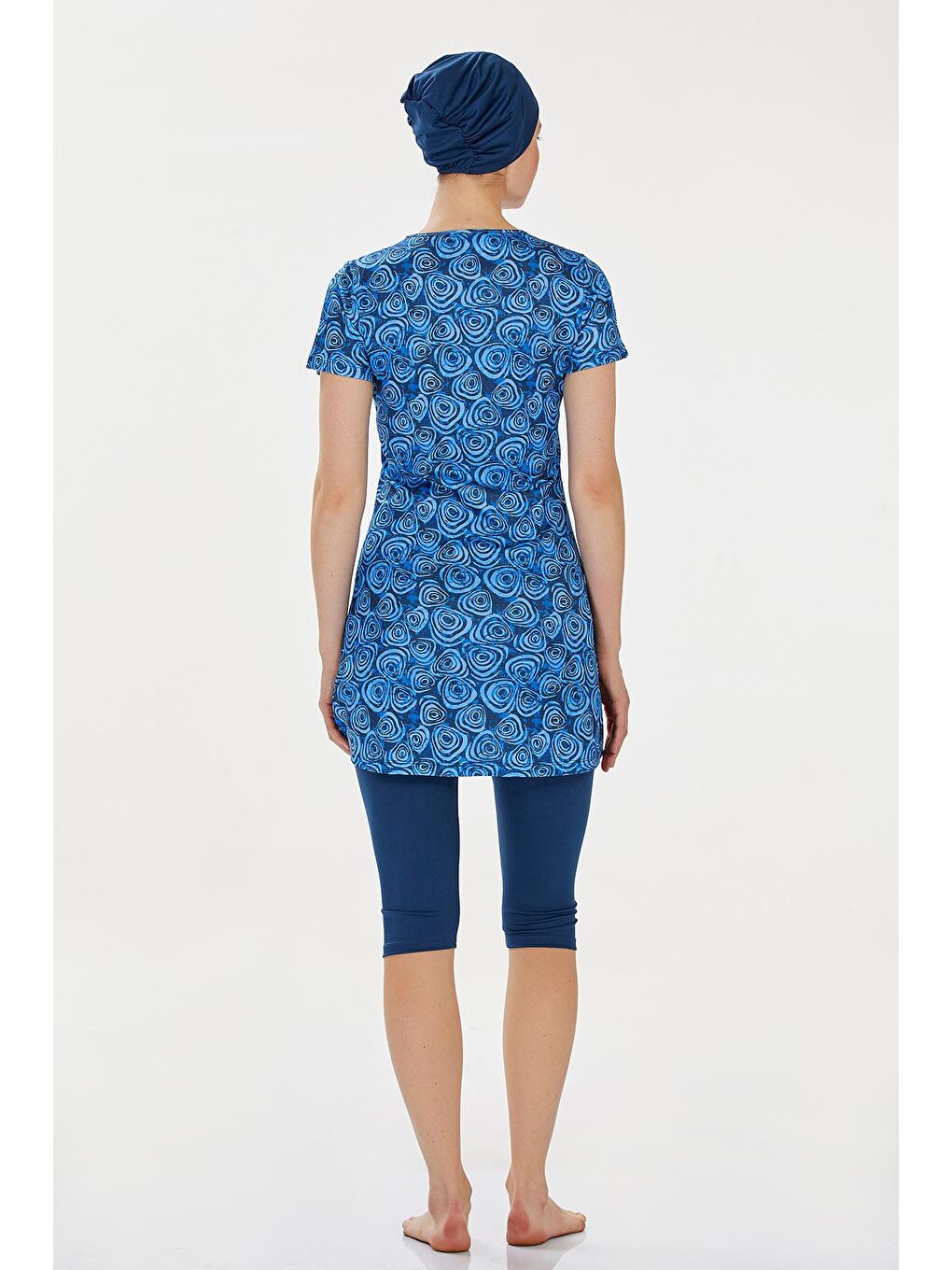 Lacivert Desenli Kısa Kol 4 Lü Tesettür Mayo-1