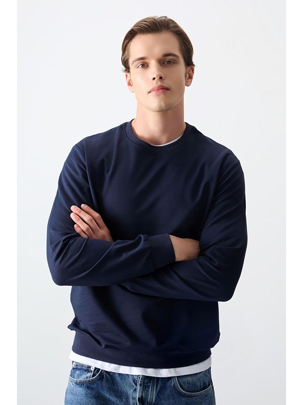 AIR JONES İndigo Pamuk Dokulu Standart Fit Basic Erkek Sweatshirt - 88363 - 3