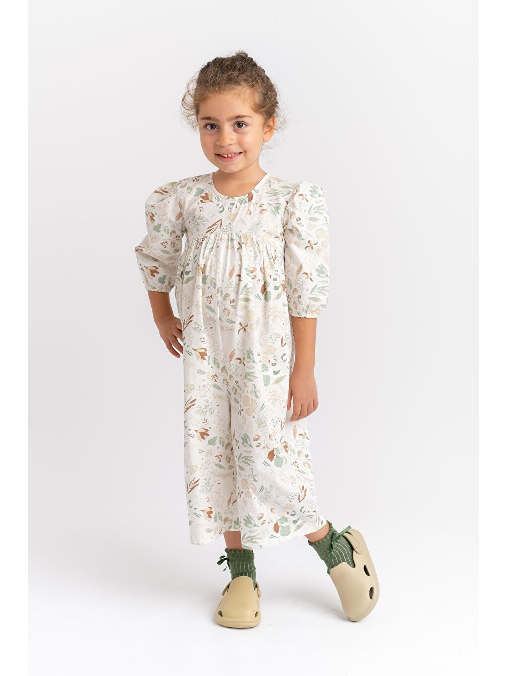 Ekru Kız Çocuk Desenli Poplin Tulum-1