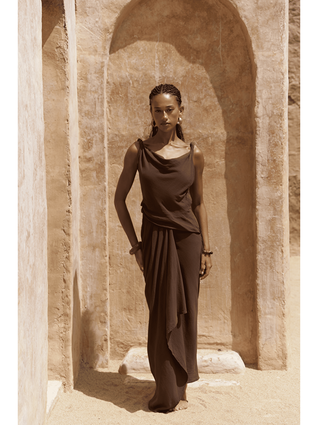 Kahverengi Zimbabue Uzun Kahve Keten Elbise-1