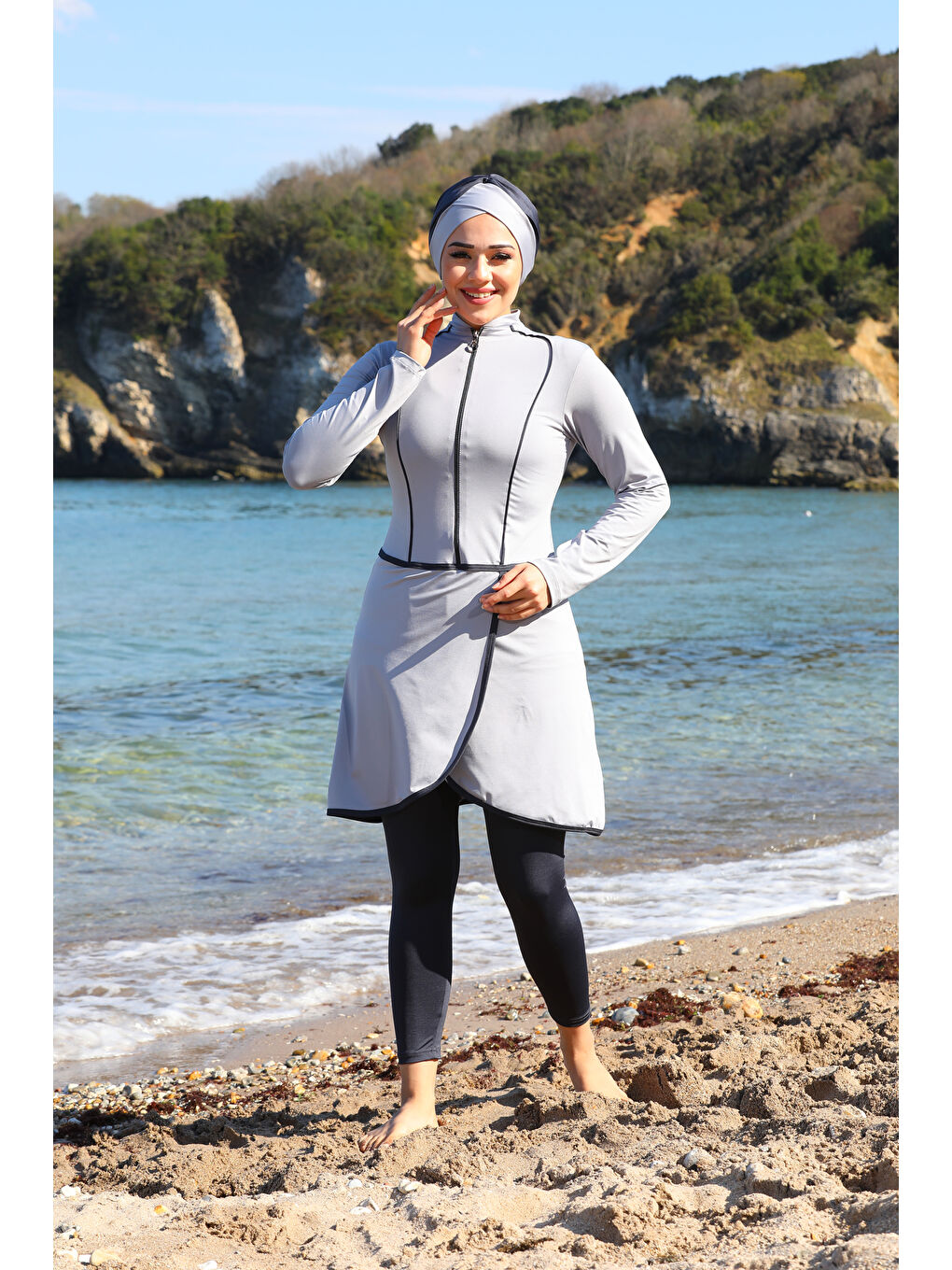 Gri Pareo Model Tasarım Taytlı Kapalı Tesettür Mayo 2230-1