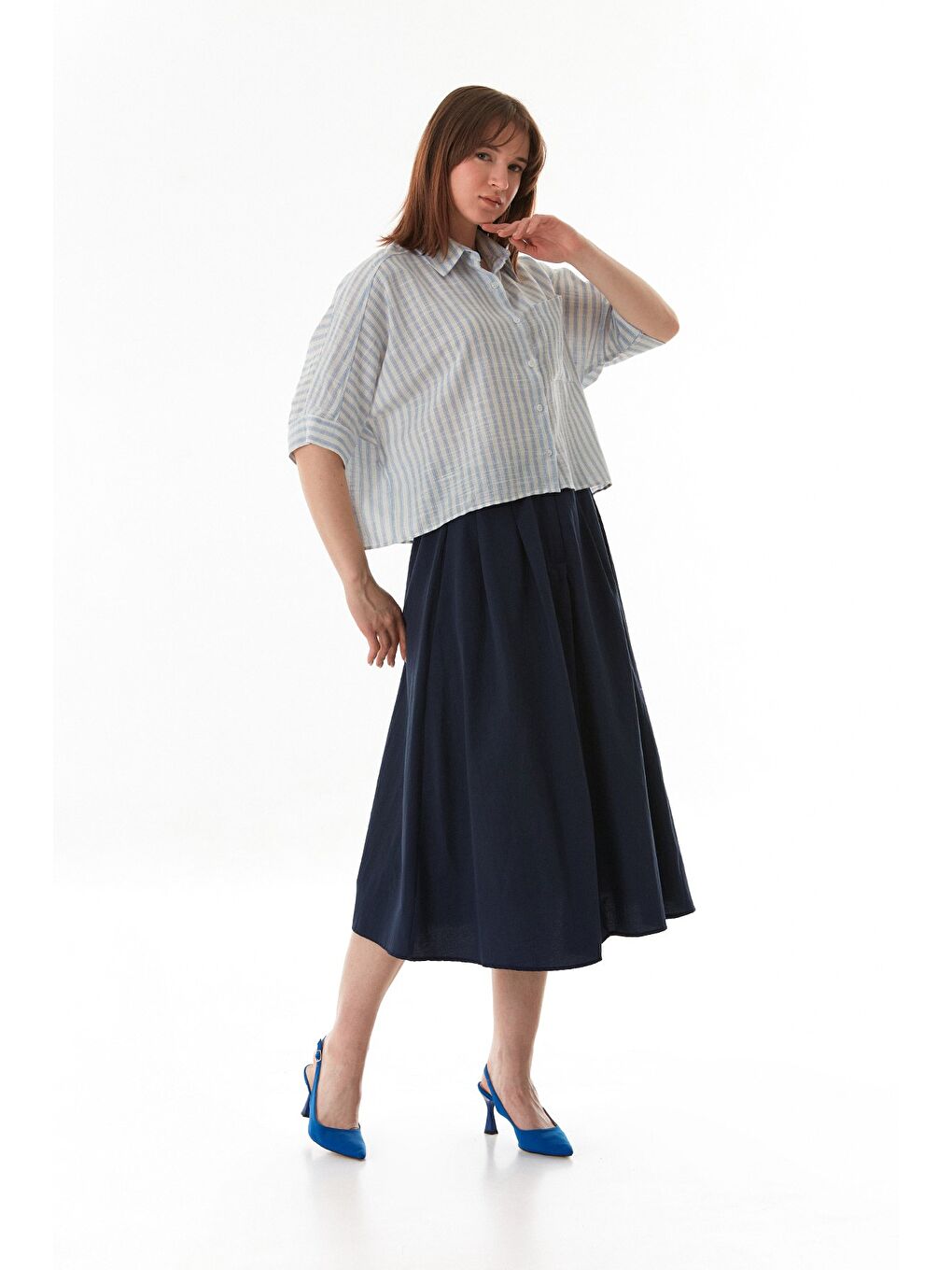 Mavi Çizgili Oversize Crop Gömlek-1