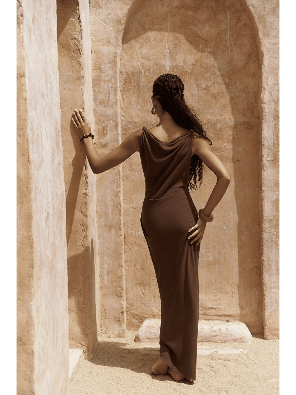 Kahverengi Zimbabue Uzun Kahve Keten Elbise-2