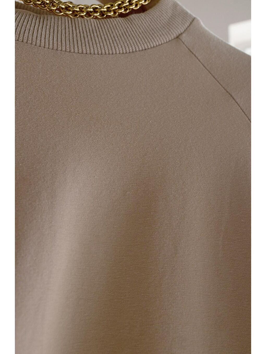 Bej-Pamuklu Bisiklet Yaka Kolları Büzgülü Uzun Kollu Elastanlı T-Shirt-2