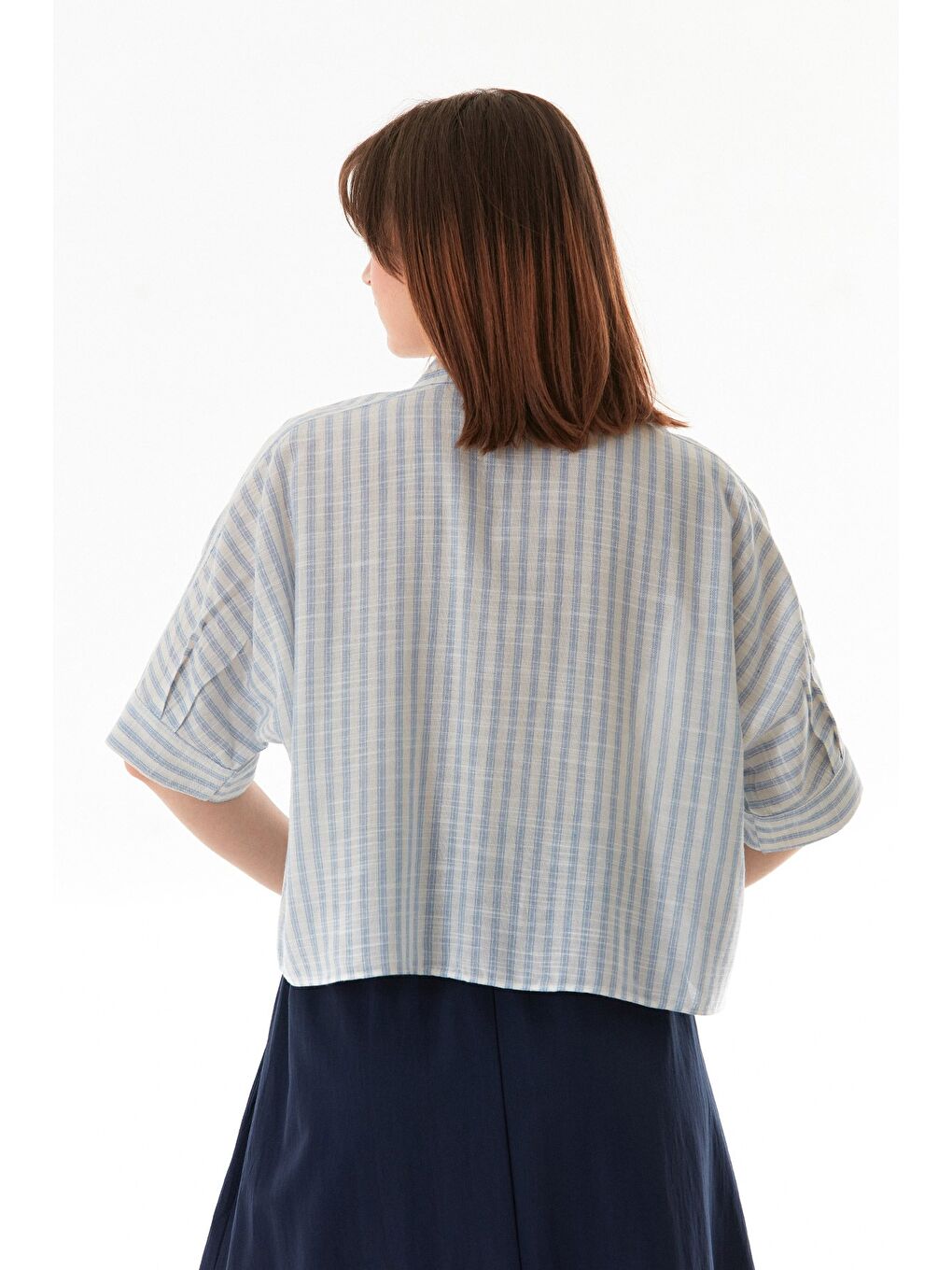 Mavi Çizgili Oversize Crop Gömlek-3