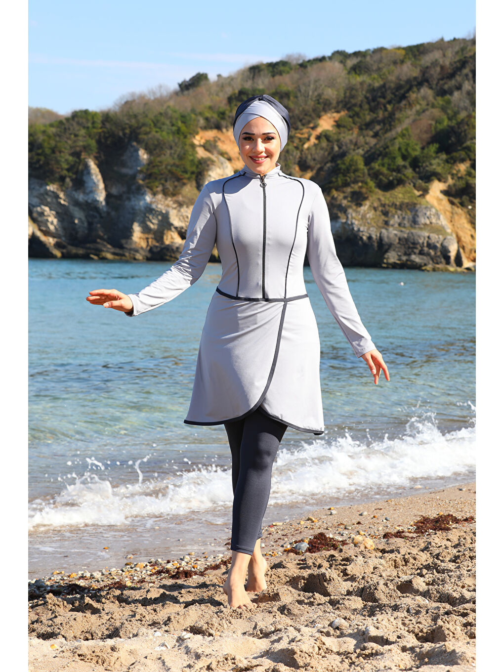 Gri Pareo Model Tasarım Taytlı Kapalı Tesettür Mayo 2230-2