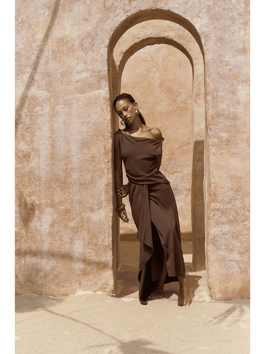 Kahverengi Zimbabue Uzun Kahve Keten Elbise-3