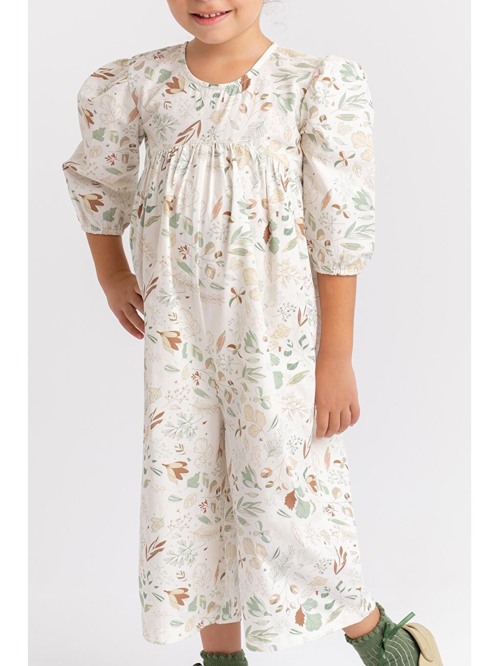 Ekru Kız Çocuk Desenli Poplin Tulum-2