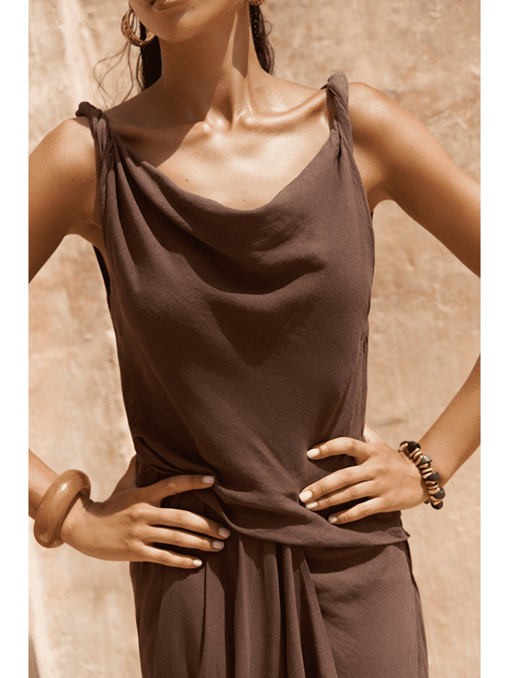 Kahverengi Zimbabue Uzun Kahve Keten Elbise-4