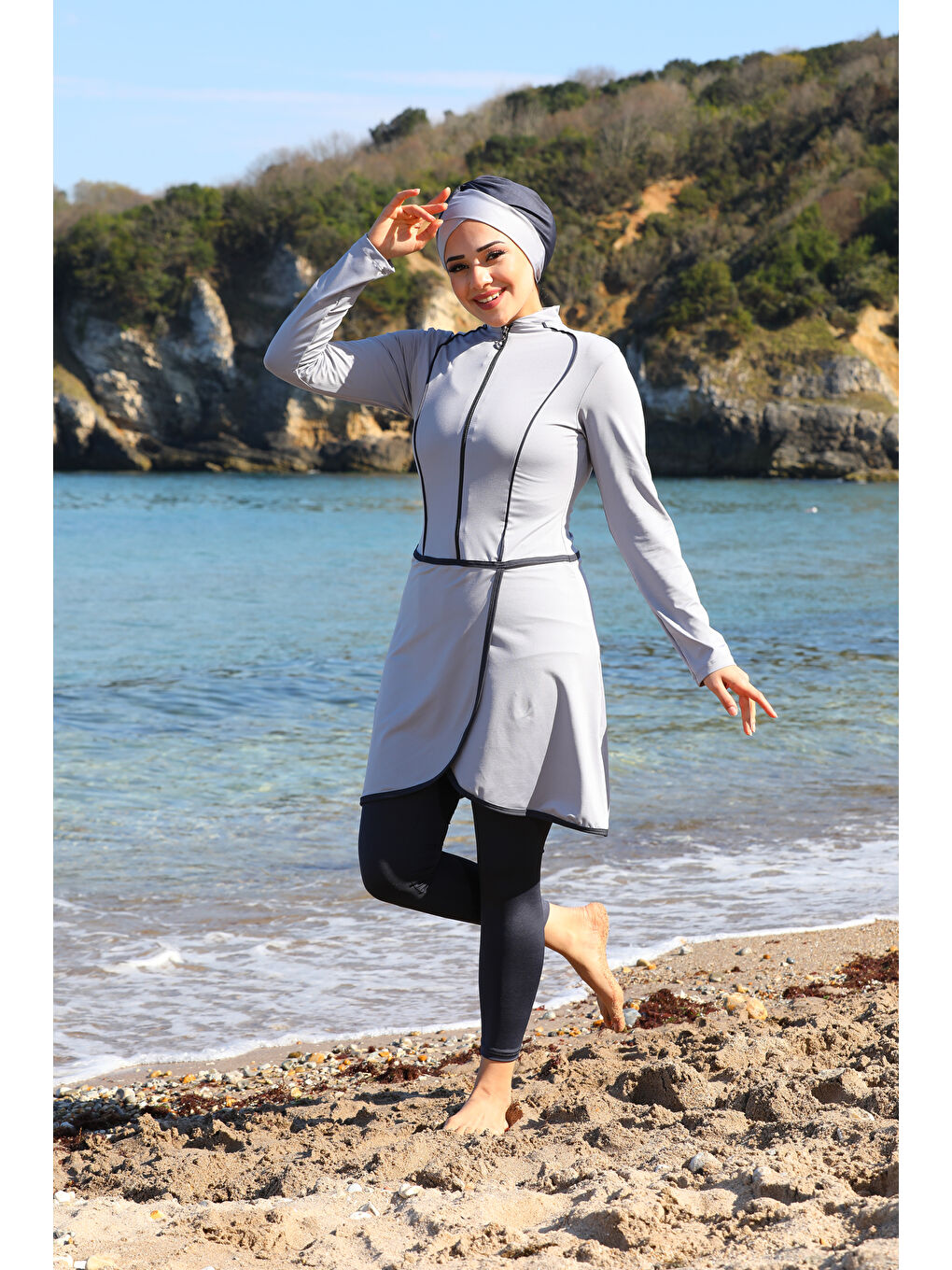 Gri Pareo Model Tasarım Taytlı Kapalı Tesettür Mayo 2230-3