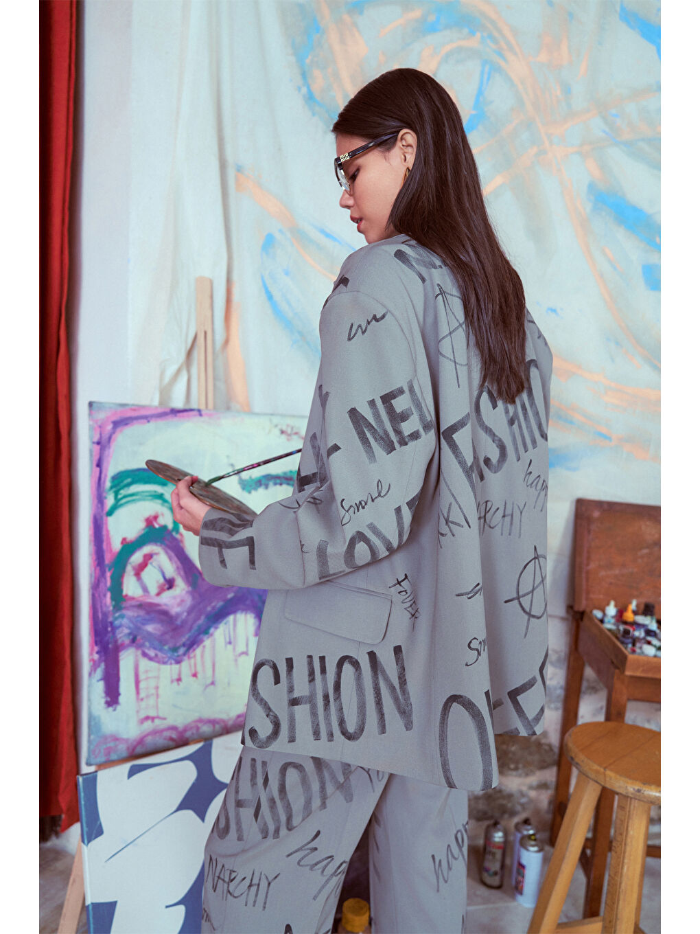 Yazı Baskılı Düğmeli Blazer Ceket Açık Haki-2