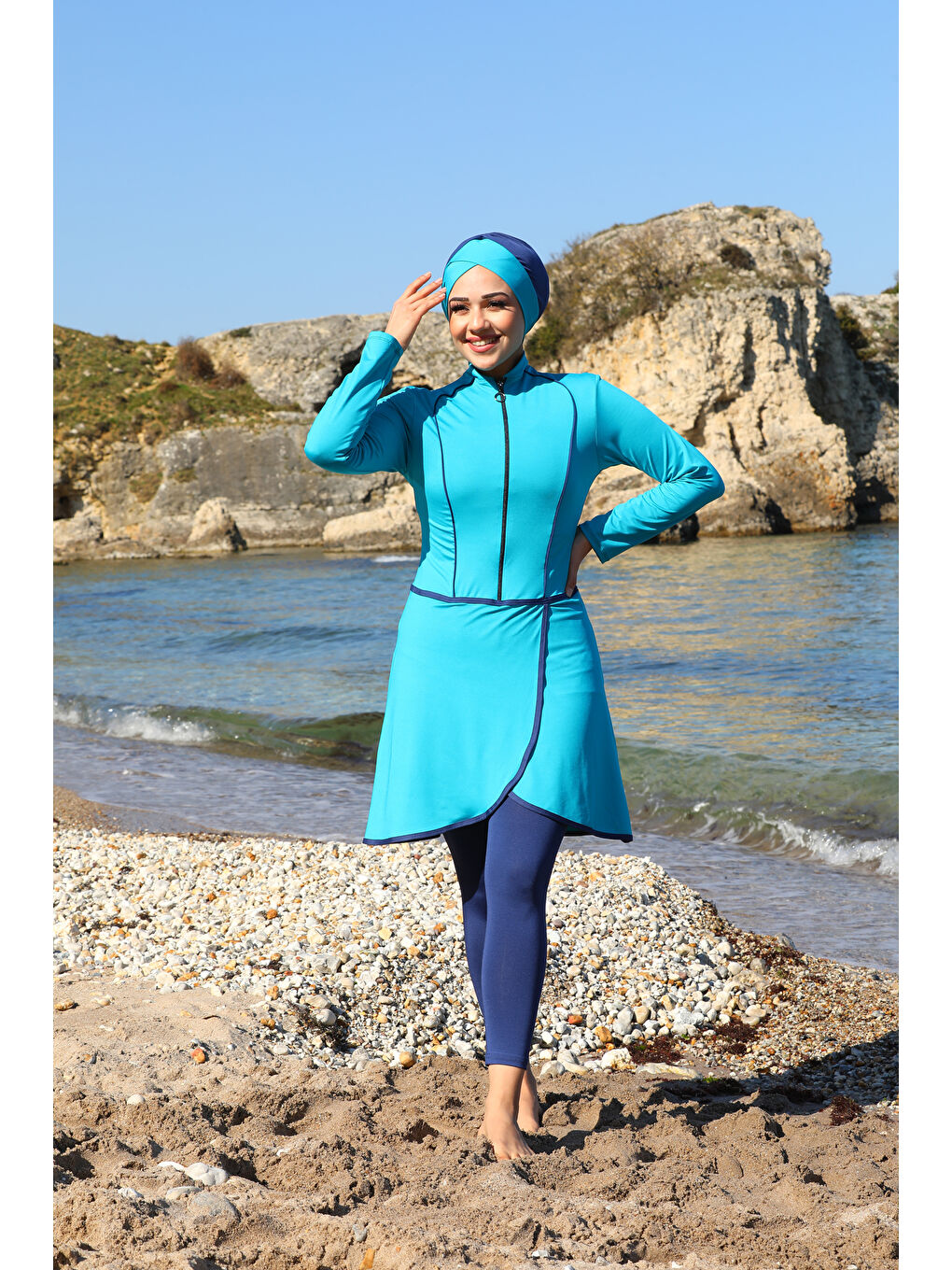 Mavi Pareo Model Tasarım Taytlı Kapalı Tesettür Mayo 2230