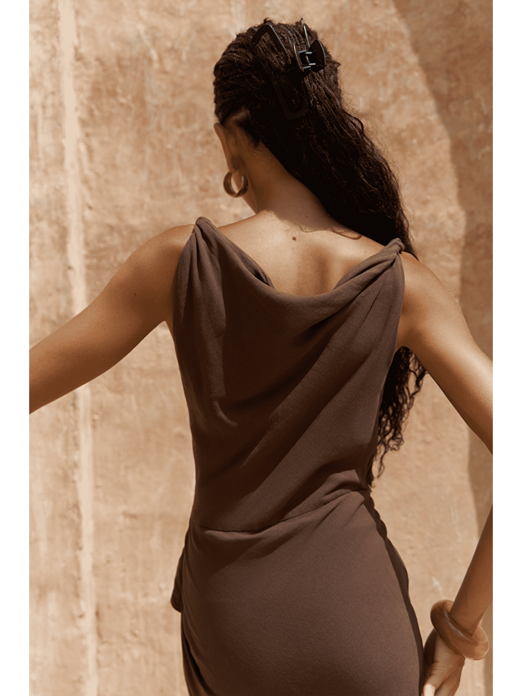 Kahverengi Zimbabue Uzun Kahve Keten Elbise-5