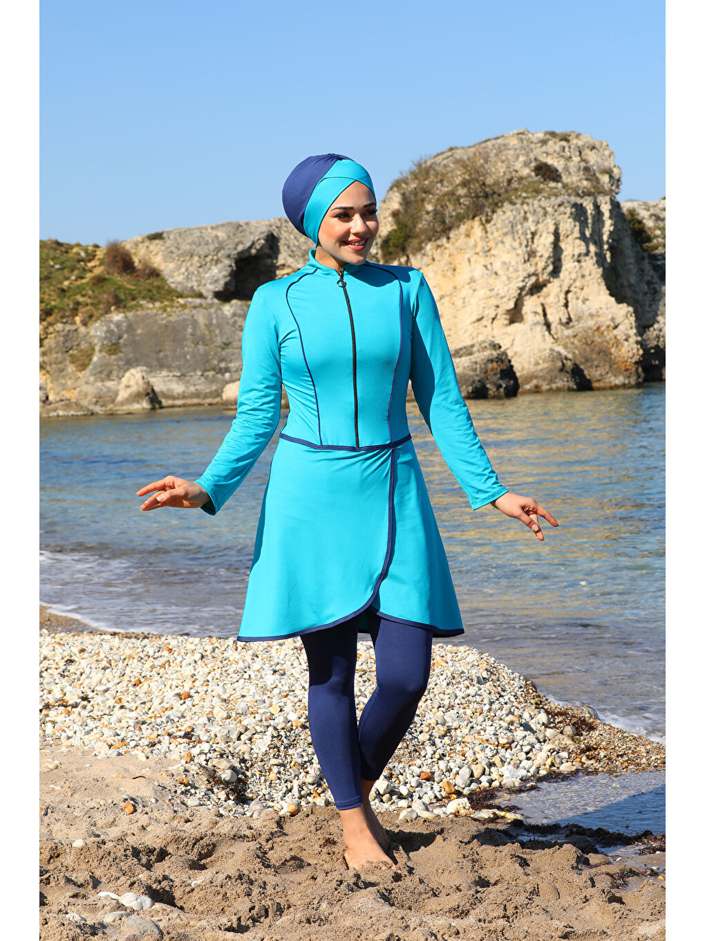 Mavi Pareo Model Tasarım Taytlı Kapalı Tesettür Mayo 2230-1