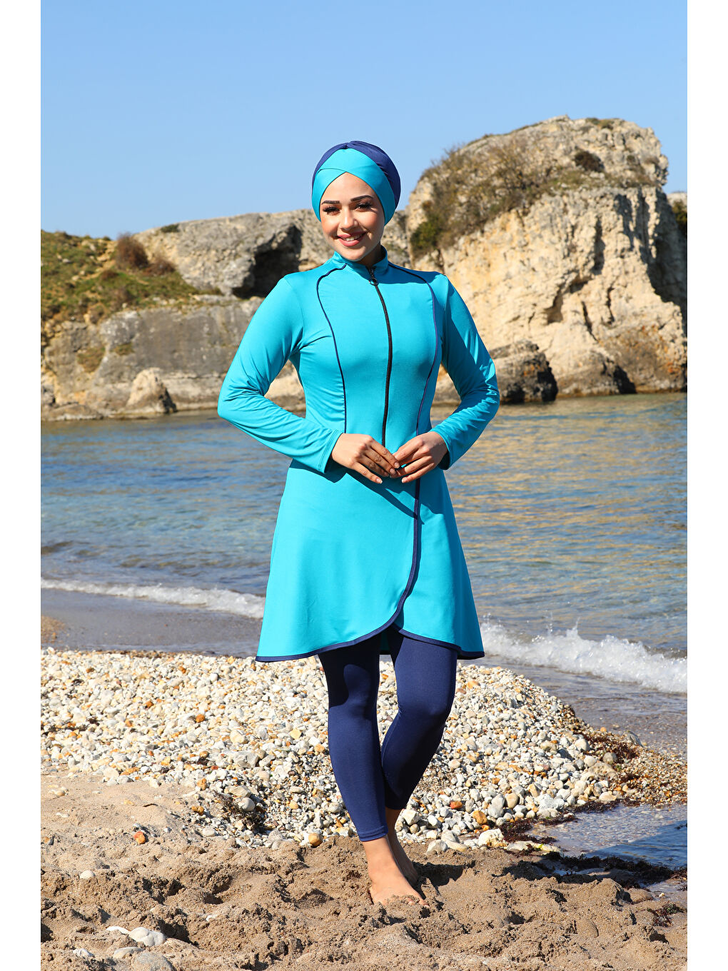 Mavi Pareo Model Tasarım Taytlı Kapalı Tesettür Mayo 2230-2