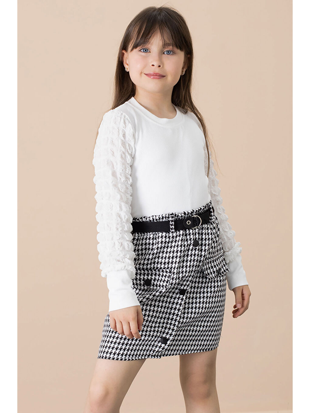 Ekru Kazayağı Desenli Etekli Badili Kız Çocuk 2li Takım 20652-1