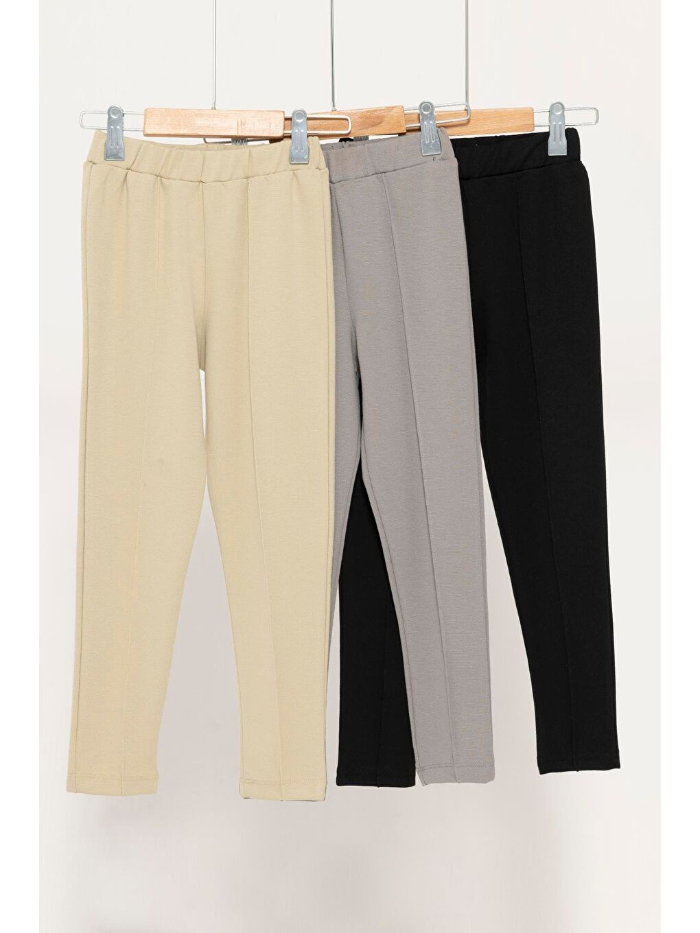 3 Lü Çımalı Bej Gri Siyah Elastanlı İnterlok Tayt