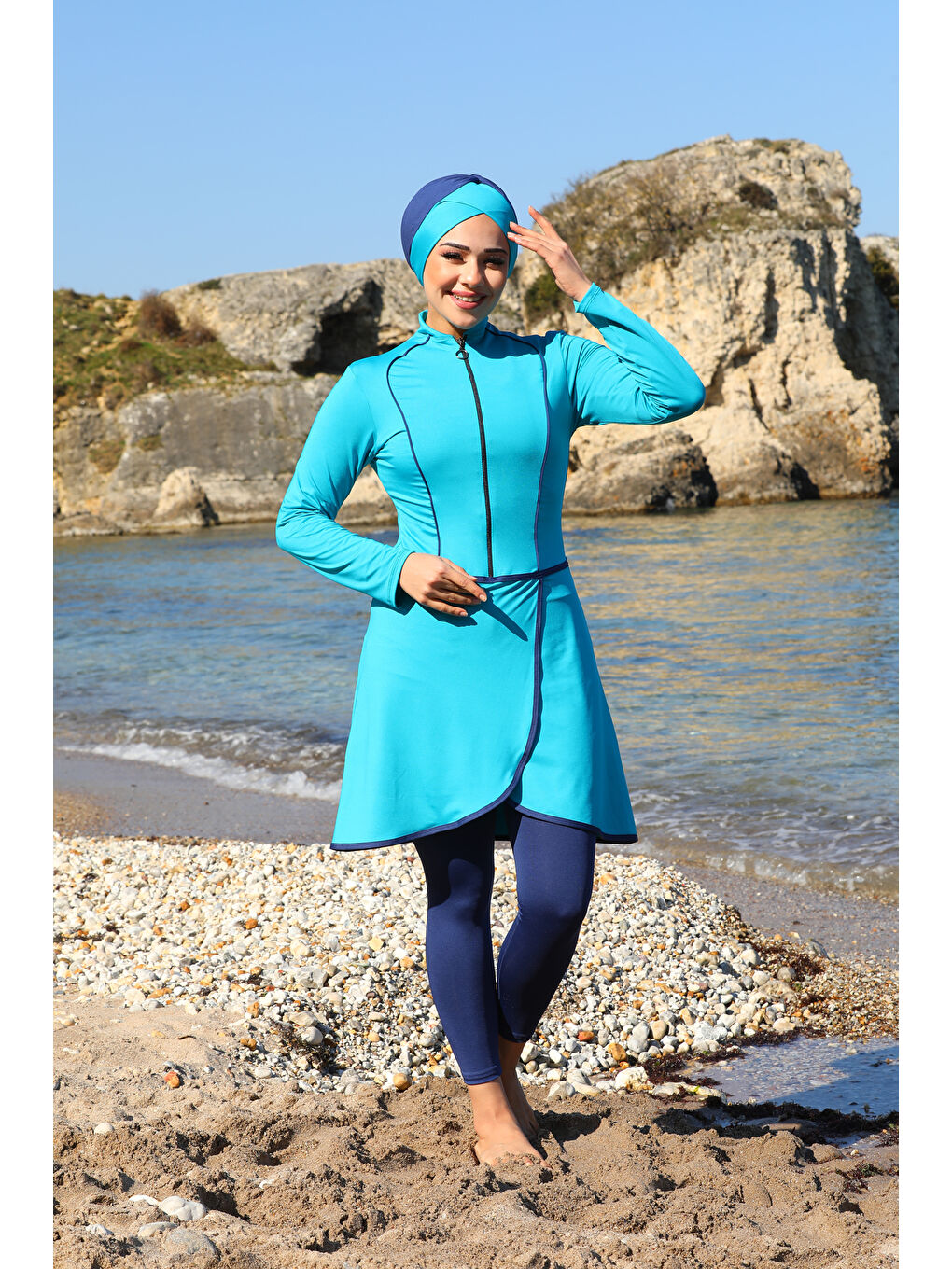 Mavi Pareo Model Tasarım Taytlı Kapalı Tesettür Mayo 2230-3