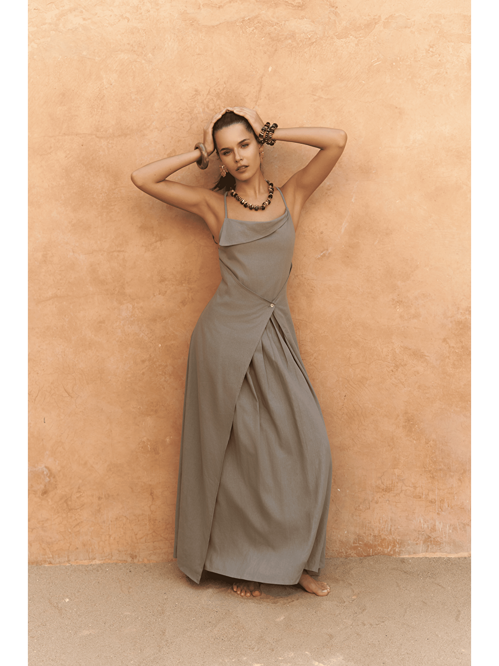 Blantyre Askılı Uzun Haki Keten Elbise