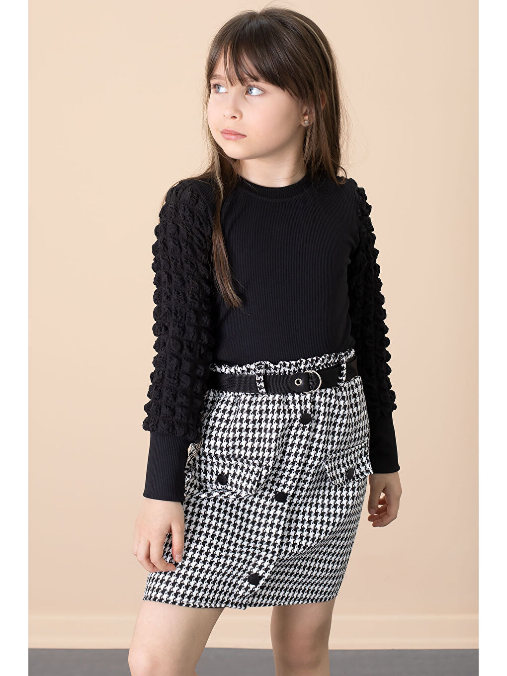 Siyah Kazayağı Desenli Etekli Badili Kız Çocuk 2li Takım 20653-1