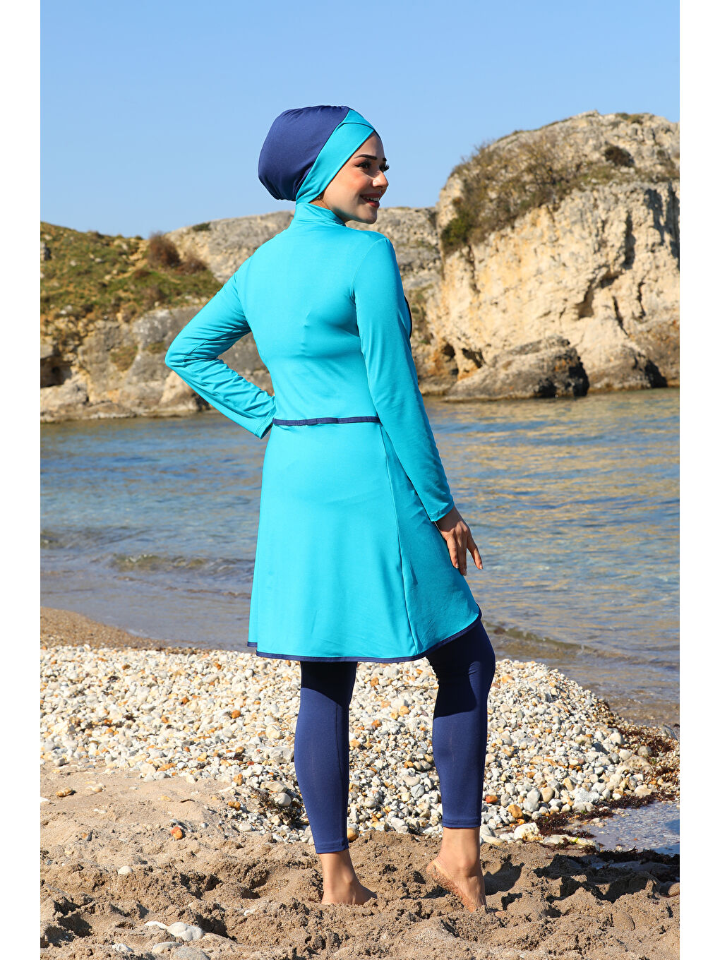 Mavi Pareo Model Tasarım Taytlı Kapalı Tesettür Mayo 2230-4