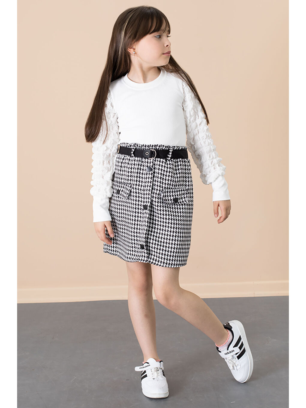 Ekru Kazayağı Desenli Etekli Badili Kız Çocuk 2li Takım 20652-2