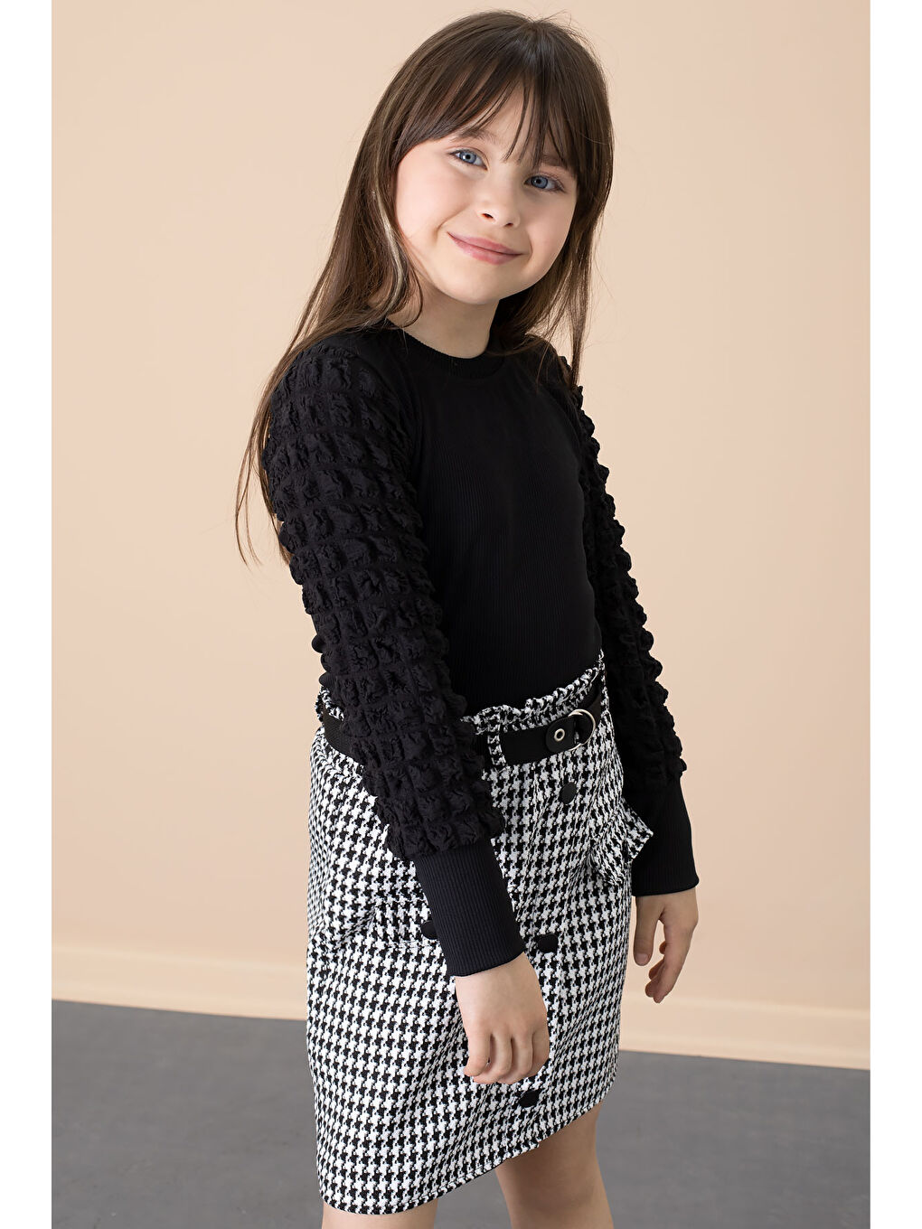 Siyah Kazayağı Desenli Etekli Badili Kız Çocuk 2li Takım 20653-2