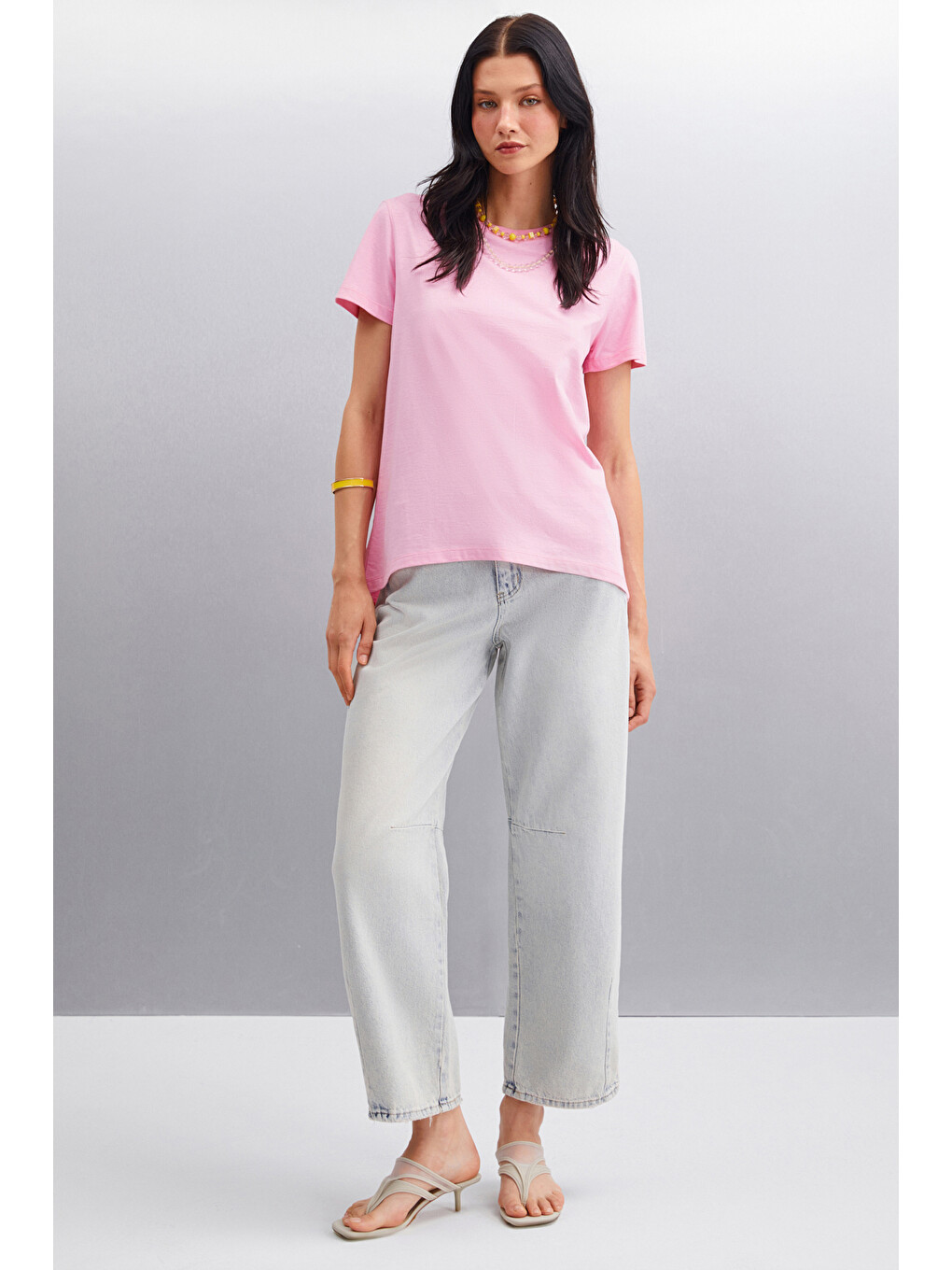 Pembe Samantha Kadın %100 Organik Pamuklu Comfort Fit Arkası Uzun Basic Örme PEMBE T-Shirt-1