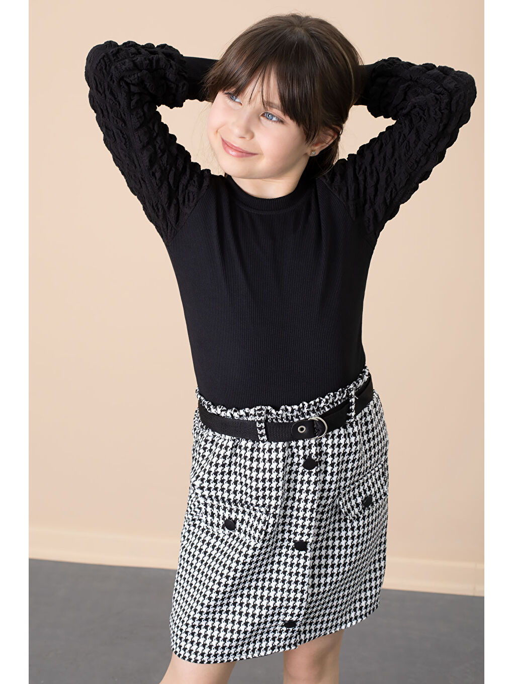 Siyah Kazayağı Desenli Etekli Badili Kız Çocuk 2li Takım 20653-3