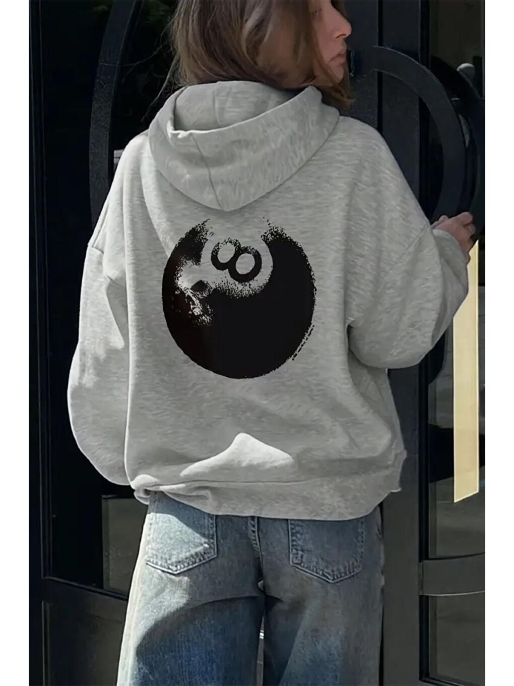 Gri Sekiz Sırt Baskılı İçi Pamuklu Unisex Sweatshirt